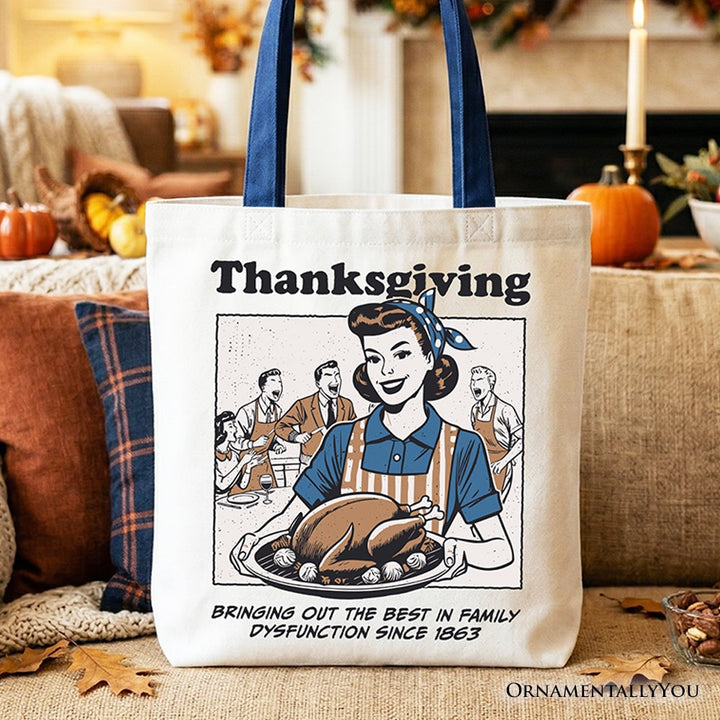 Thanksgiving Family Dysfunction Retro Tote Bag, Funny Holiday Humor Gift Shopper for Sarcastic Families Tote Bag OrnamentallyYou Navy Handle 