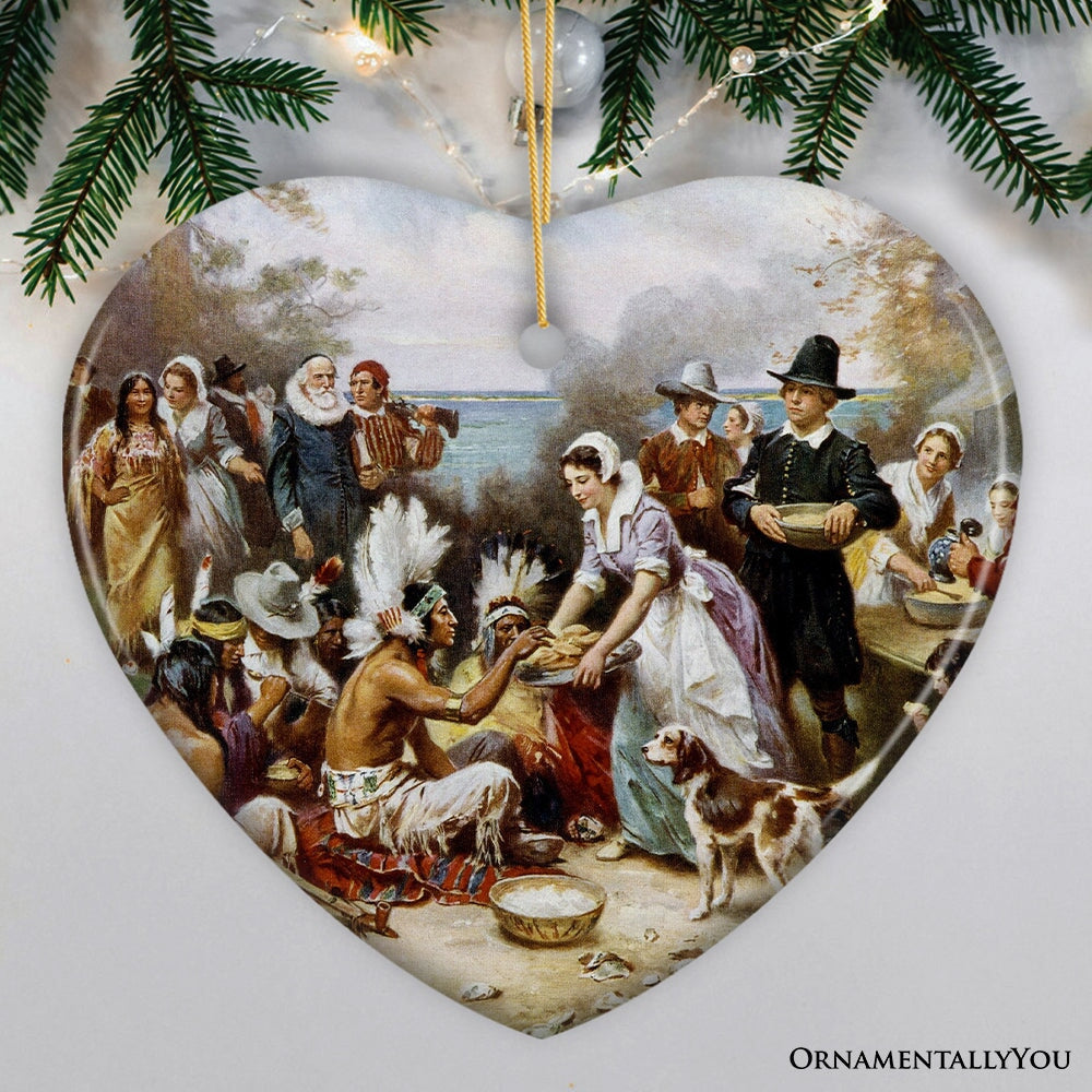 The First Thanksgiving Painting Vintage Ornament, Pilgrims and Native Americans Harmony Ceramic Ornament OrnamentallyYou Heart 