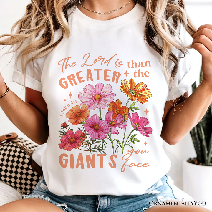 The Lord Is Greater Floral Christian T-Shirt, Faith Bible Verse Inspirational Tee