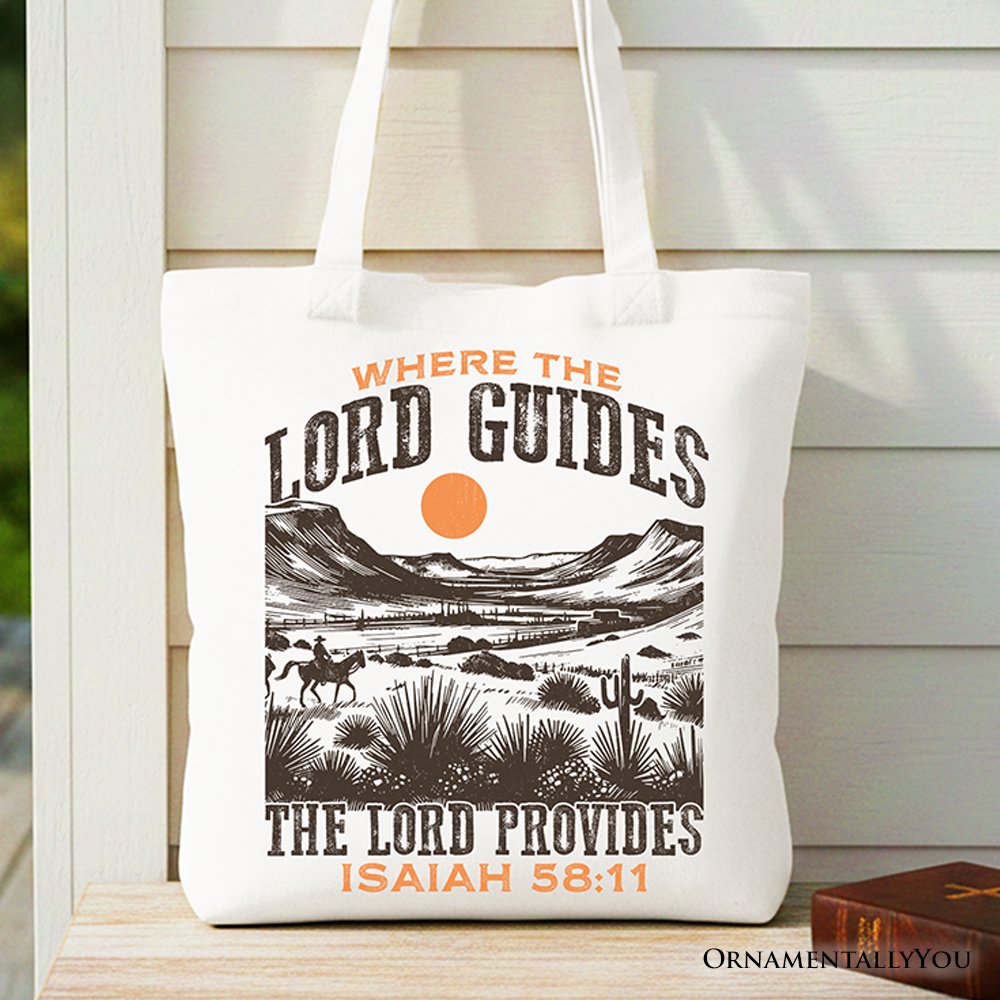 The Lord Provides Christian Tote Bag, Retro Western Desert Worship Gift Shopper Tote Bag OrnamentallyYou White 