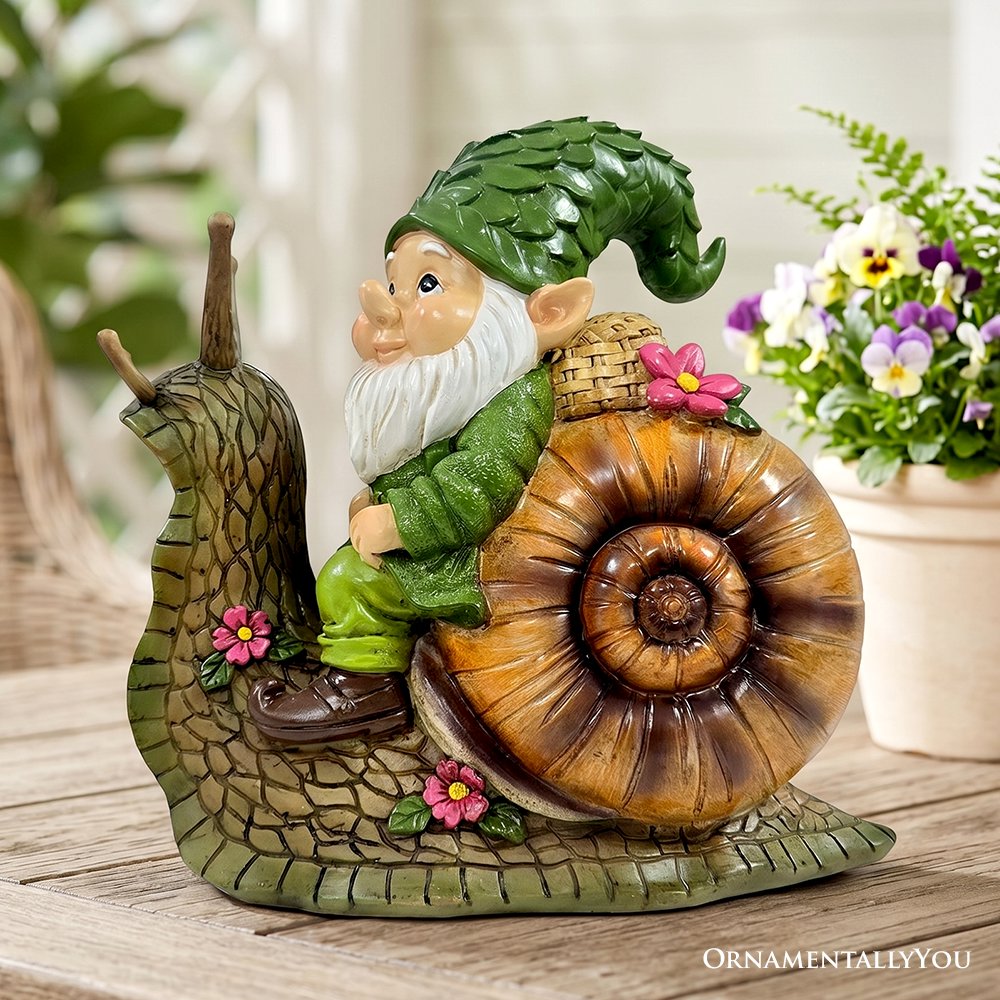 The Snailbound Gnome Cute Verdant Garden Statue, 10" Outdoor Yard or Forest Snail Decoration Resin Statues OrnamentallyYou 