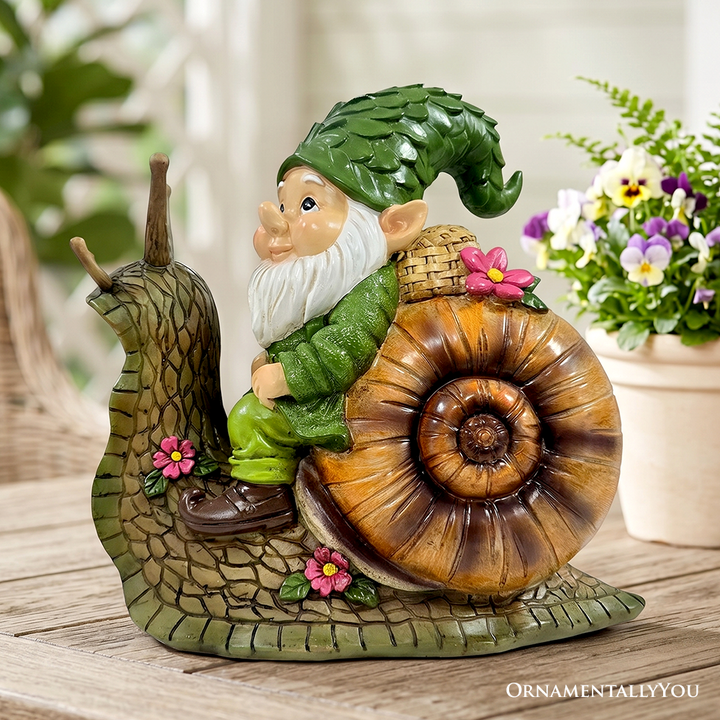 The Snailbound Gnome Cute Verdant Garden Statue, 10" Outdoor Yard or Forest Snail Decoration