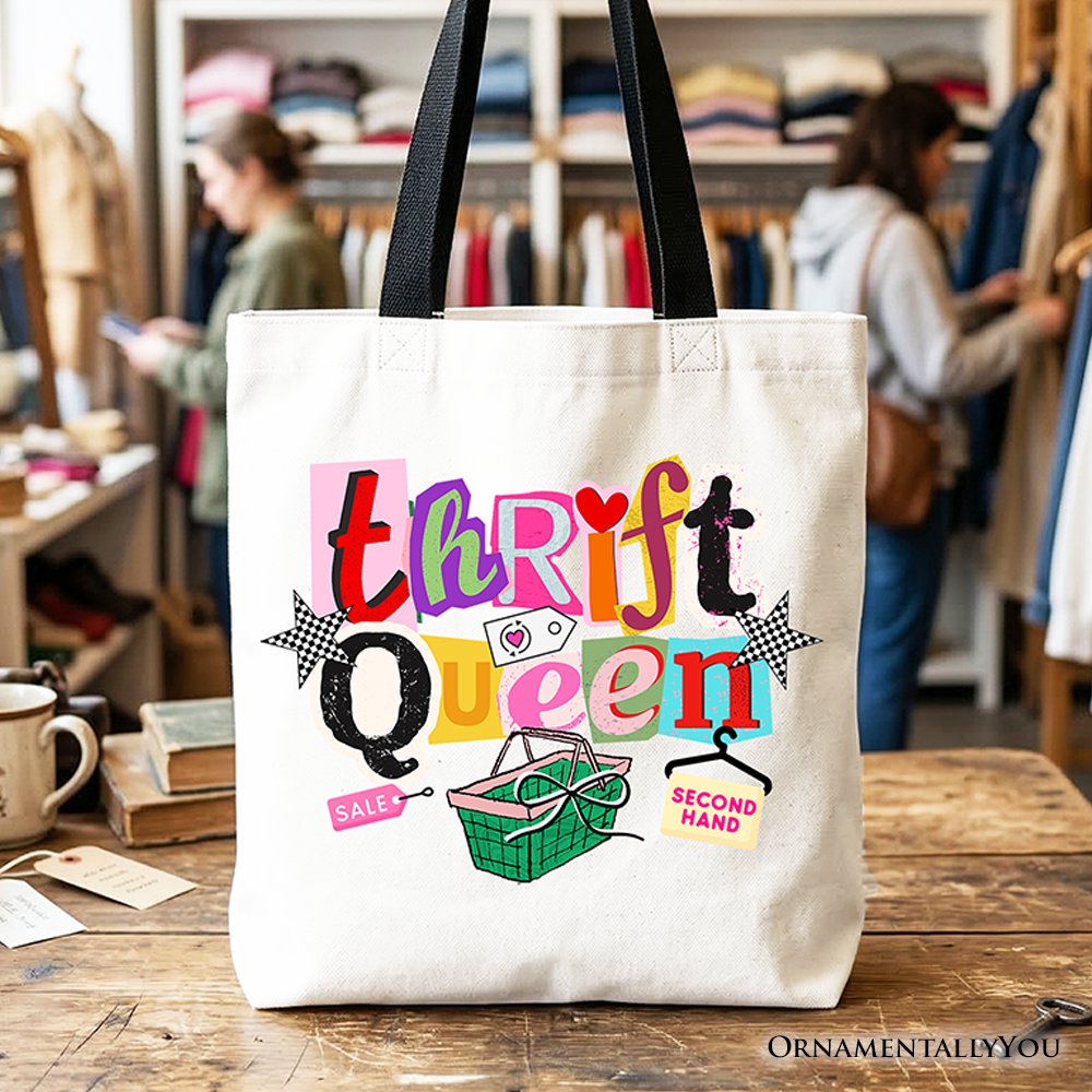 Thrift Queen Tote Bag, Colorful Second Hand Shopping Gift Shopper Tote Bag OrnamentallyYou Black Handle 