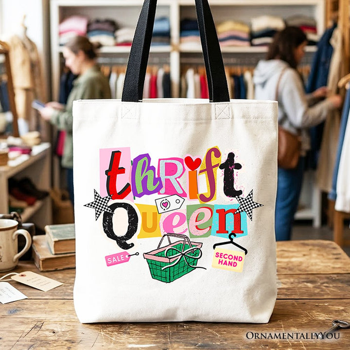 Thrift Queen Tote Bag, Colorful Second Hand Shopping Gift Shopper Tote Bag OrnamentallyYou Black Handle 