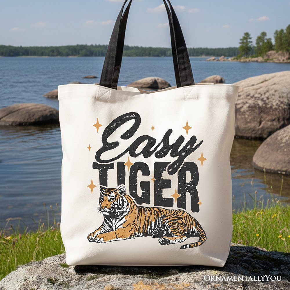 Tiger Retro Grunge Canvas Tote Bag, Vintage Gift Shopper With Wild Animal Tote Bag OrnamentallyYou Black Handle 