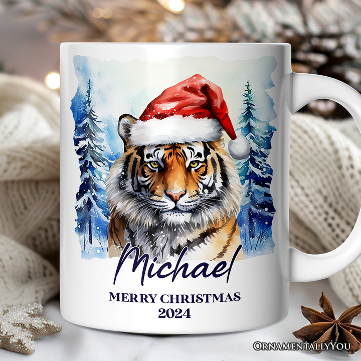 Tiger with Santa Hat Personalized Mug, Winter Forest Christmas Gift With Custom Name and Date