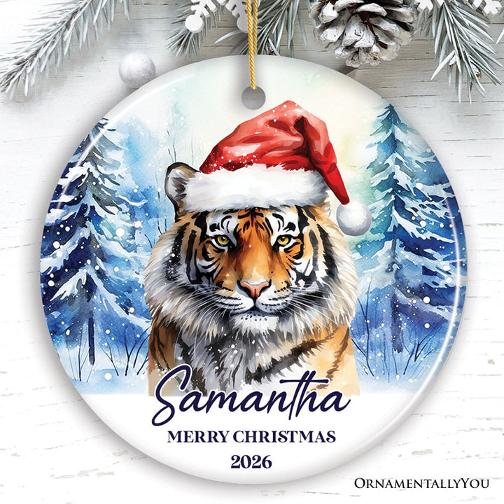 Tiger with Santa Hat Personalized Ornament, Winter Forest Christmas Gift With Custom Name and Date Ceramic Ornament OrnamentallyYou Circle 