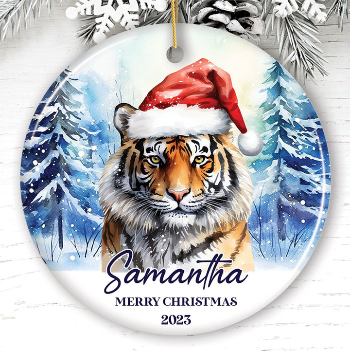 Tiger with Santa Hat Personalized Ornament, Winter Forest Christmas Gift With Custom Name and Date Ceramic Ornament OrnamentallyYou Circle 
