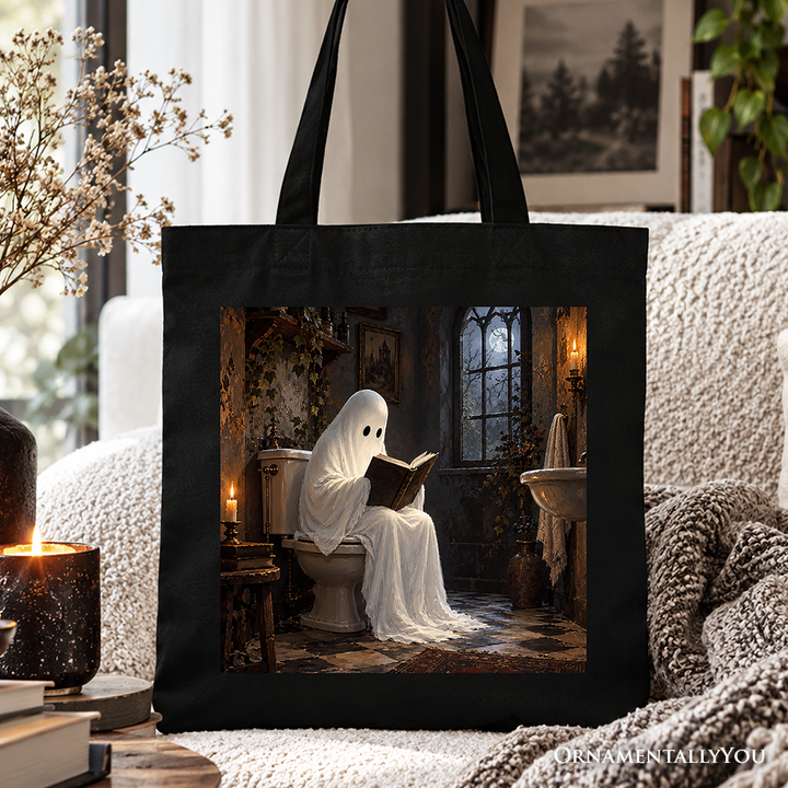 Toilet Ghost Halloween Tote Bag, Funny Bookworm Spooky Gothic Gift Shopper