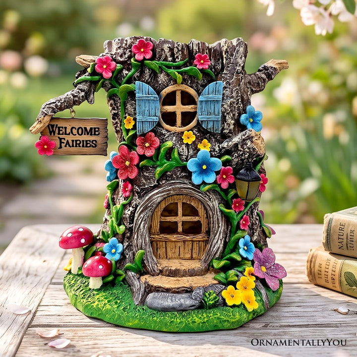 Tree Trunk Fairy Solar House Garden Statue, 8" Lighted Woodland Cottage Figurine Outdoor Decor Resin Statues OrnamentallyYou 