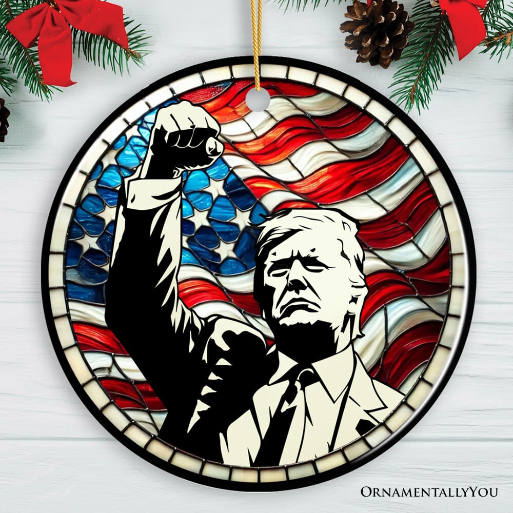 Trump with Raised Fist Stained Glass Christmas Ornament, American Pride Keepsake OrnamentallyYou Circle 