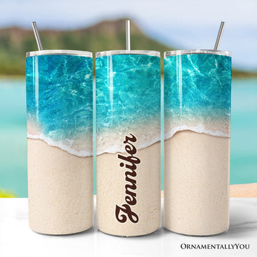 Turquoise Ocean Shore 20oz Personalized Tumbler With Lid and Stainless Steel Straw, Tropical Summer Coastal Gift Cup Tumbler OrnamentallyYou Customized 