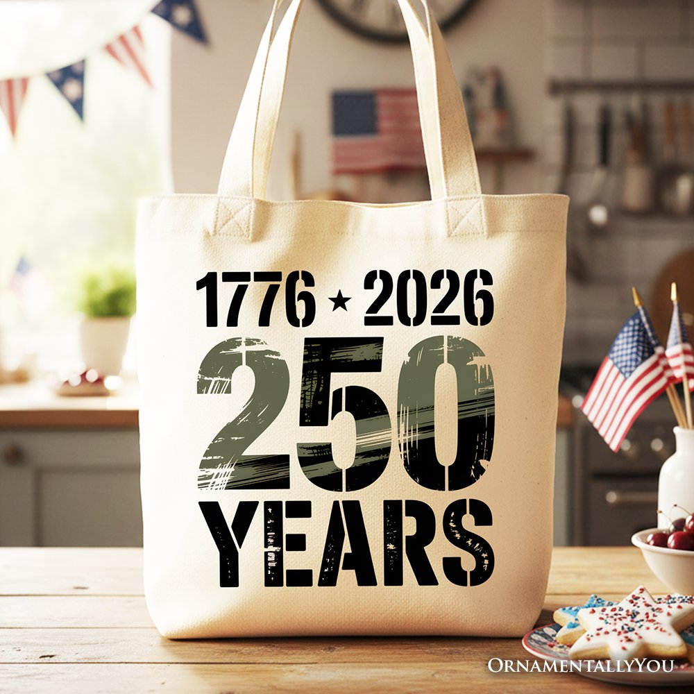 USA 250 Years Anniversary Tote Bag, 4th of July Patriotic 1776–2026 Gift Shopper Tote Bag OrnamentallyYou Beige 
