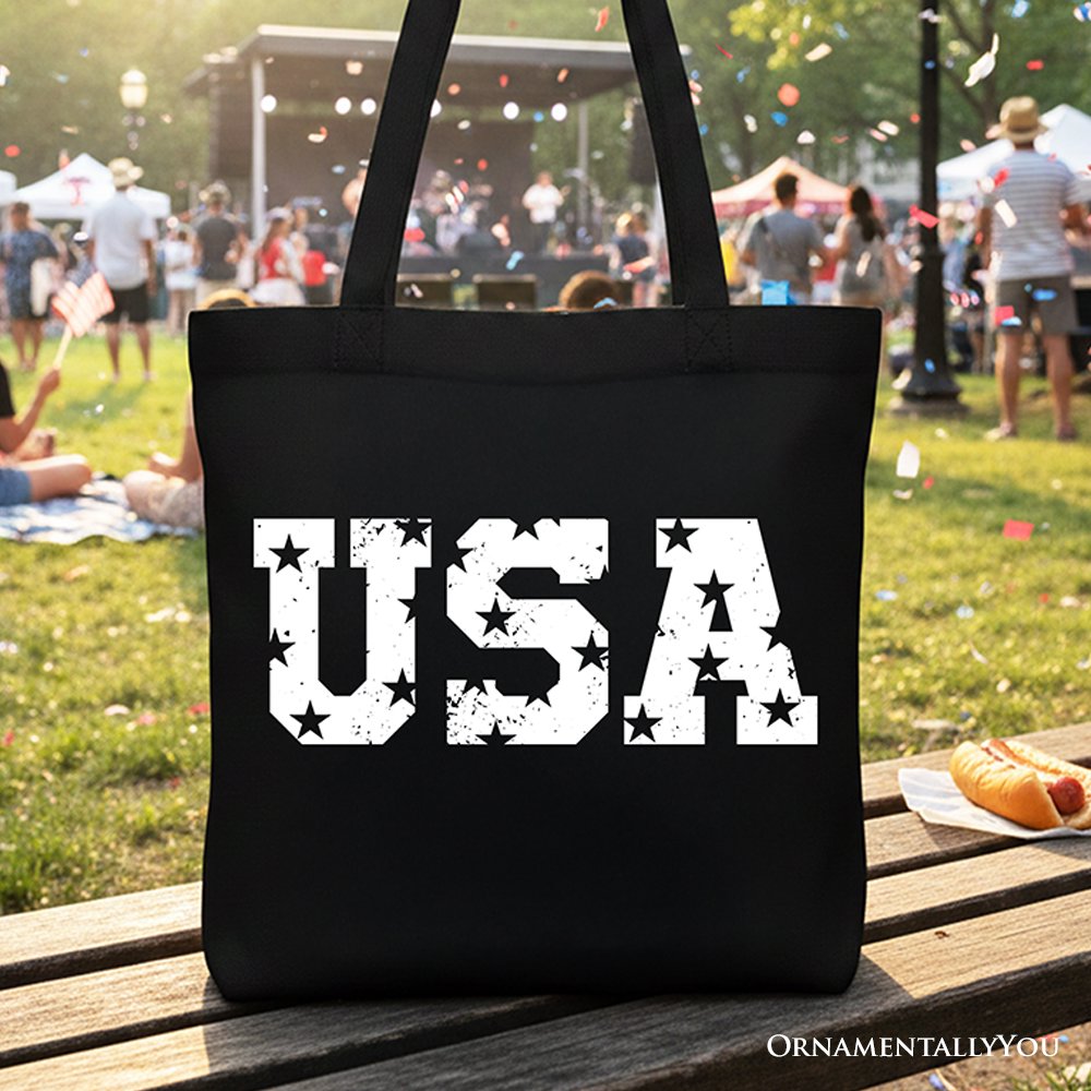 USA Block Letters Tote Bag, Vintage Patriotic Gift Shopper for Independence Day Tote Bag OrnamentallyYou Black 