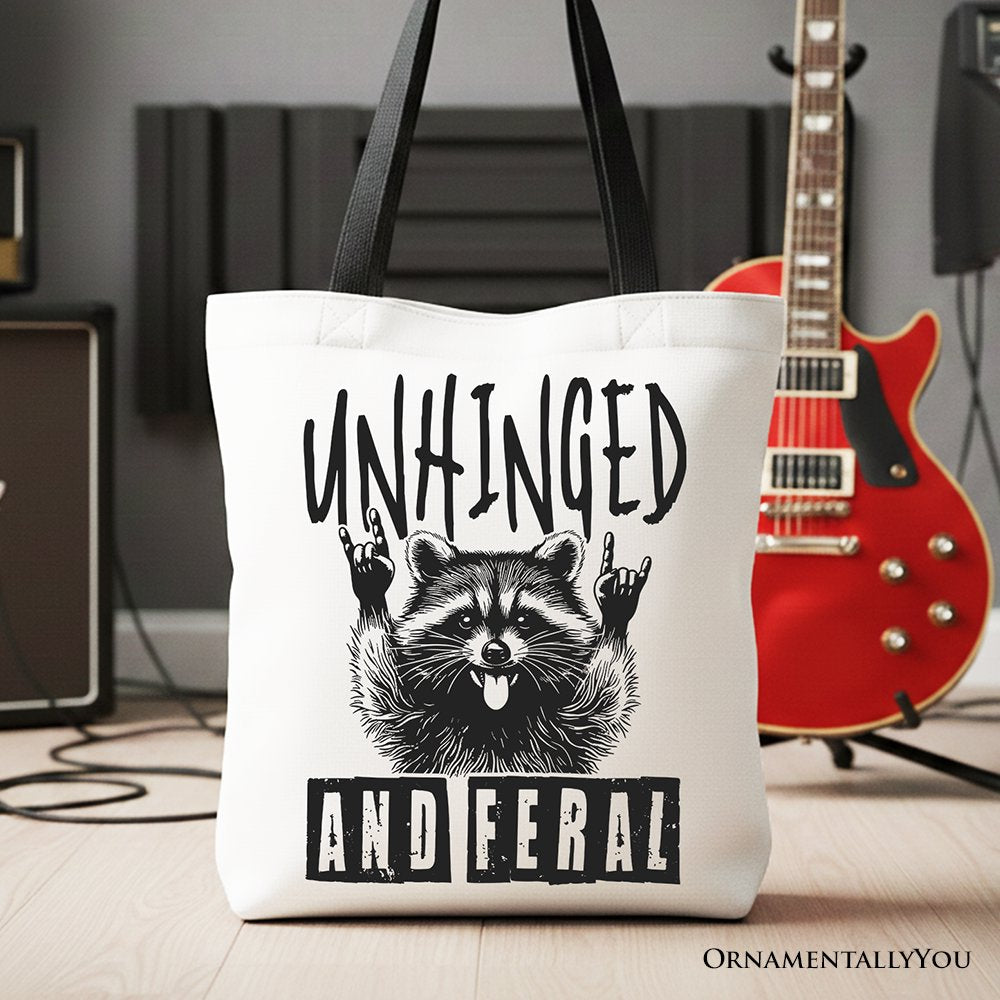 Unhinged and Feral Raccoon Canvas Tote Bag, Funny Rock Hands Gift Shopper for Wild People Tote Bag OrnamentallyYou Black Handle 