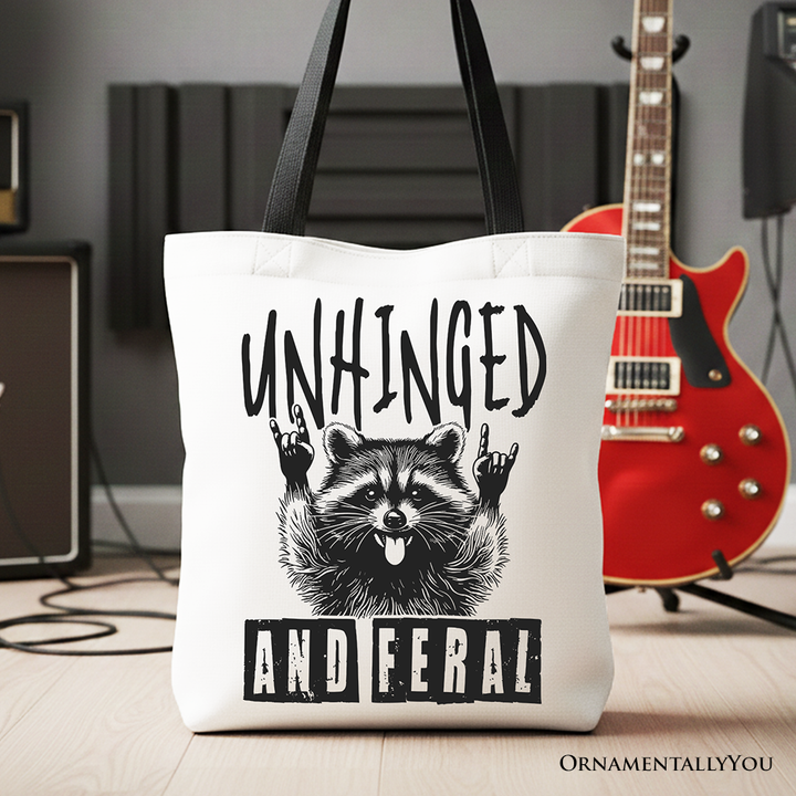Unhinged and Feral Raccoon Canvas Tote Bag, Funny Rock Hands Gift Shopper for Wild People