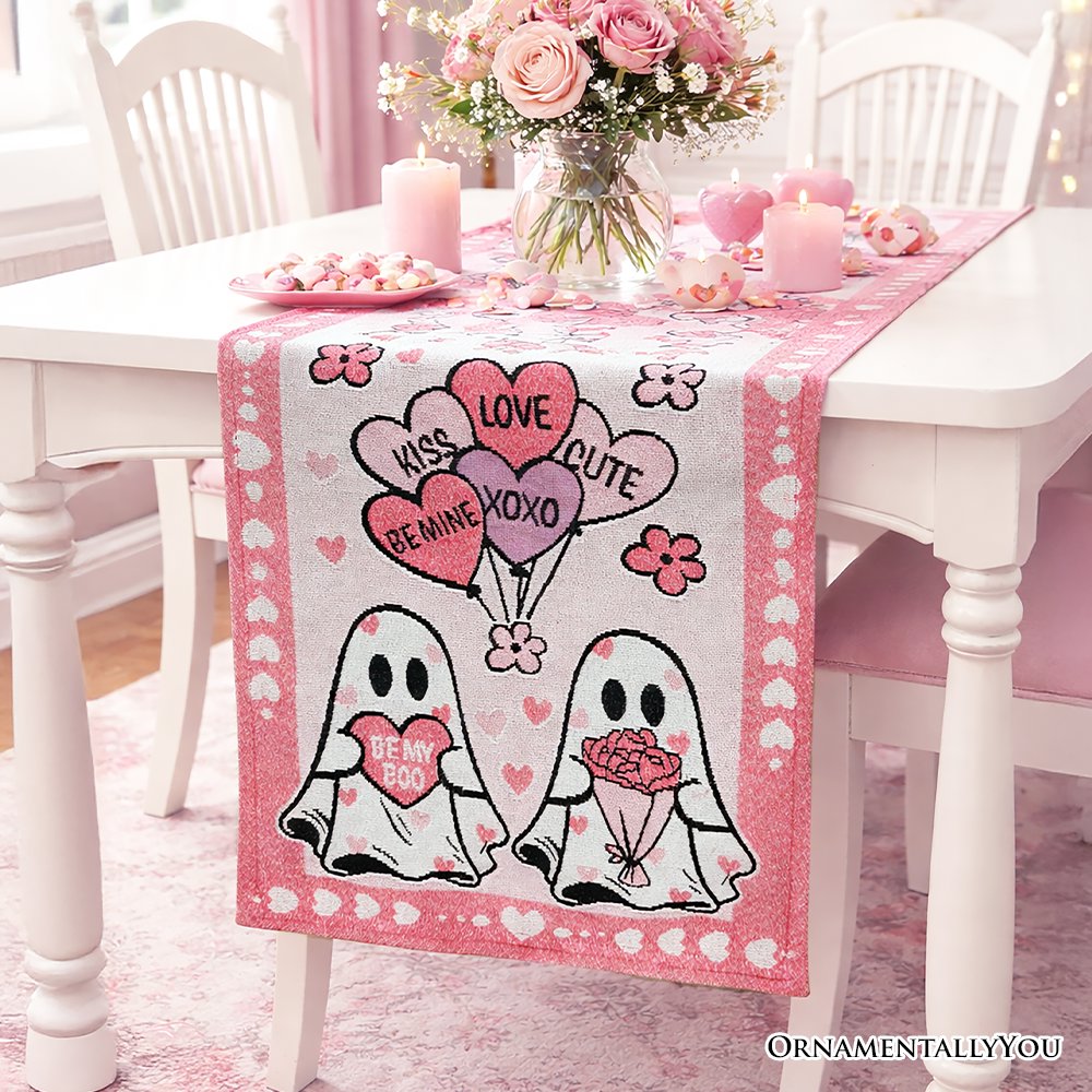 Valentine Ghost 72" Jacquard Table Runner, High Quality Holiday Rectangle Tablecloth with Cute Lovers Table Runner OrnamentallyYou 