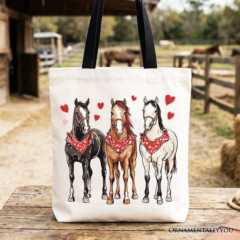 Valentine Horses Western Tote Bag, Cute Country Lover Gift Shopper Tote Bag OrnamentallyYou Black Handle 