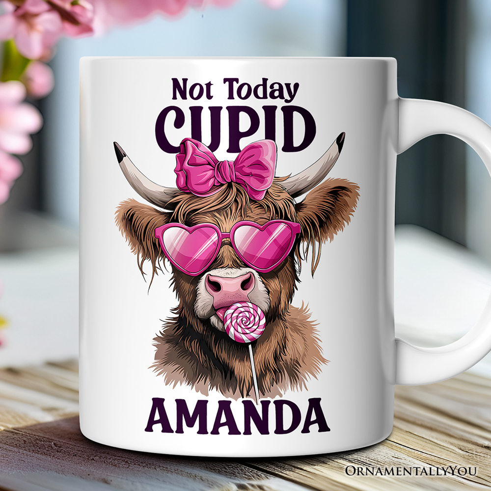 Valentines Highland Cow Personalized Mug, Not Today Cupid Funny Cow Lover Gift