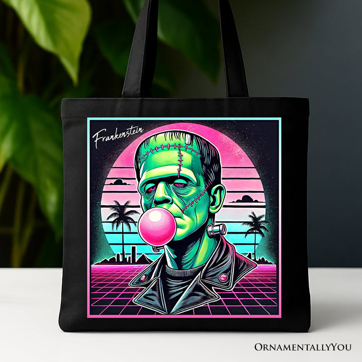Vaperwave Frankenstein Retro Neon Horror Canvas Tote Bag, Synthwave 80's Styled Classic Halloween Gift Tote Bag OrnamentallyYou Black 