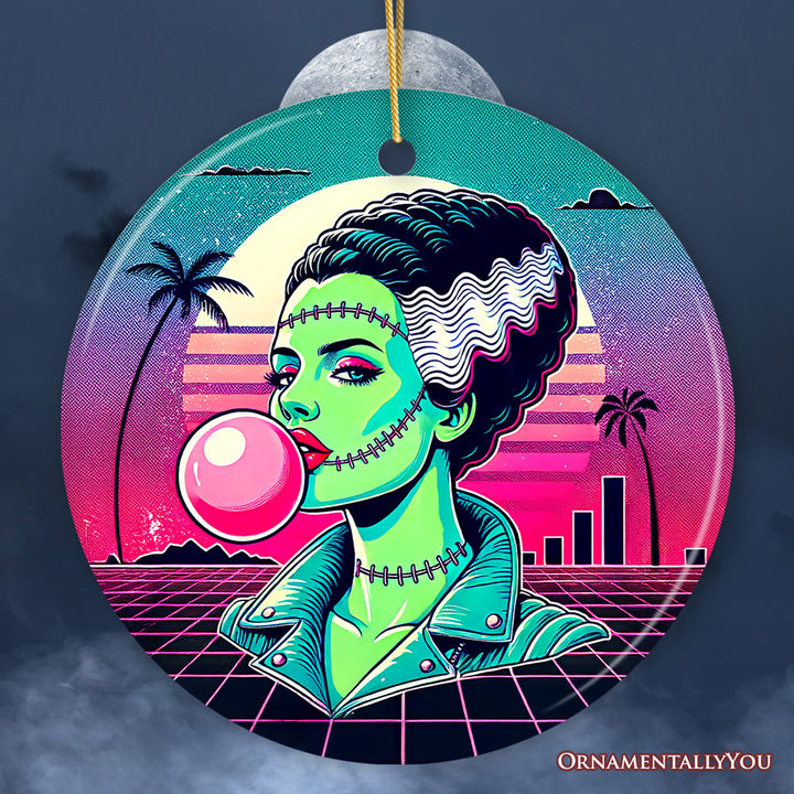 Vaperwave Mrs Frankenstein Retro Neon Horror Ornament, Synthwave 80's Styled Classic Halloween Gift and Decor