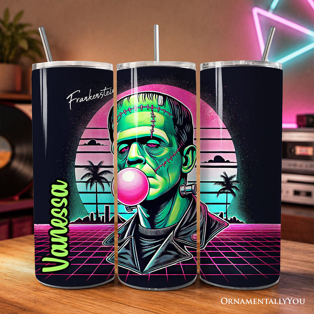 Vaporwave Frankenstein Retro Neon Horror 20oz Personalized Tumbler With Lid and Stainless Steel Straw, Synthwave 80's Styled Classic Halloween Gift Cup