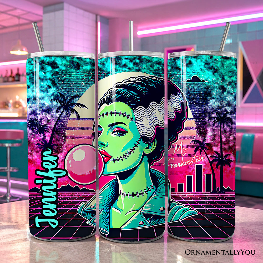 Vaporwave Mrs Frankenstein Retro Neon Horror 20oz Personalized Tumbler With Lid and Stainless Steel Straw, Synthwave 80's Styled Classic Halloween Gift Cup