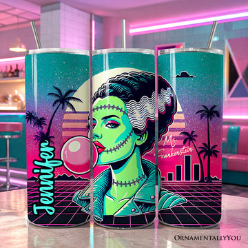 Vaporwave Mrs Frankenstein Retro Neon Horror 20oz Personalized Tumbler With Lid and Stainless Steel Straw, Synthwave 80's Styled Classic Halloween Gift Cup