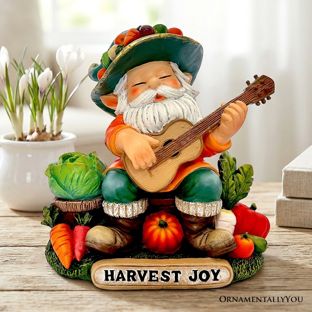 Veggie Farmer Gnome Figurine, 9" Ukulele Playing Vegetable Dwarf Garden Statue Resin Statues OrnamentallyYou 