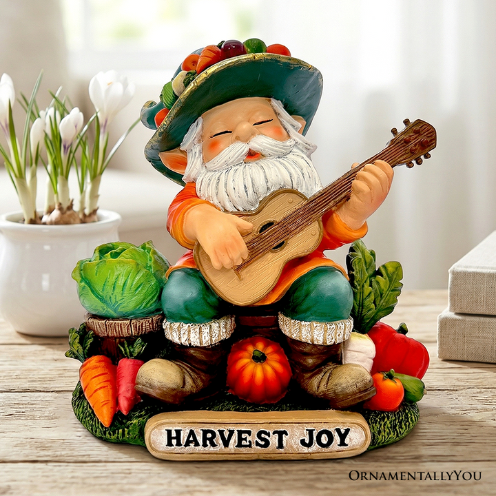 Veggie Farmer Gnome Figurine, 9" Ukulele Playing Vegetable Dwarf Garden Statue