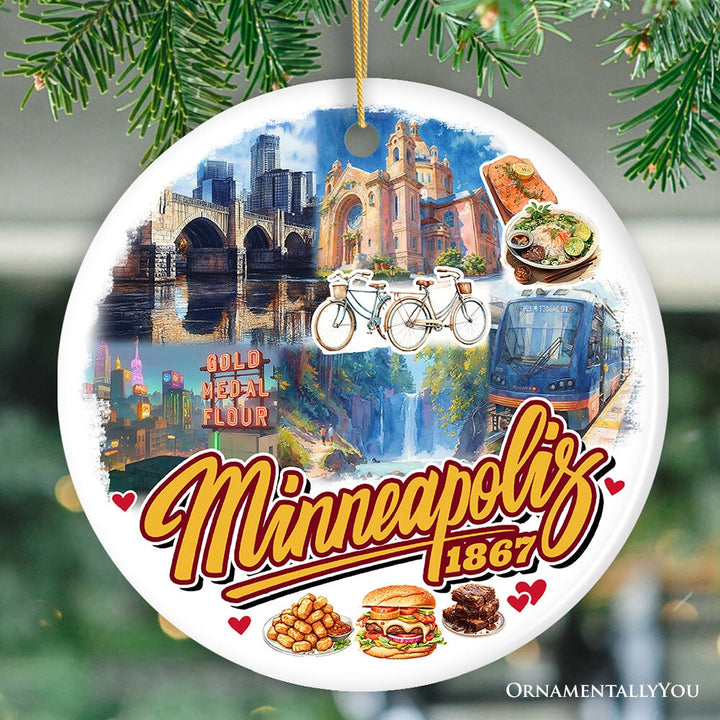 Vibrant Minneapolis Cultural Ornament, Minnesota Twin Cities Urban Heritage Christmas Souvenir Ceramic Ornament OrnamentallyYou Circle Version 2 