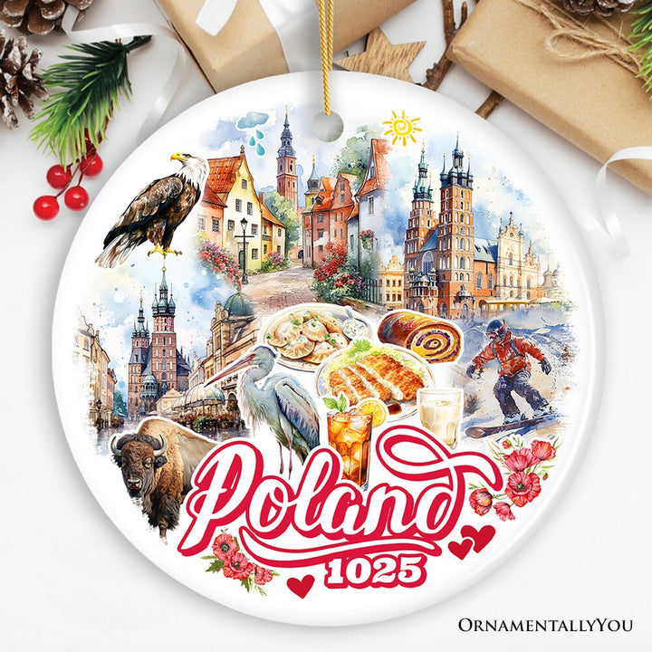Vibrant Poland Cultural Heritage Ornament, Eastern European Landmarks Christmas Gift and Warsaw Souvenir Ceramic Ornament OrnamentallyYou Circle Version 2 