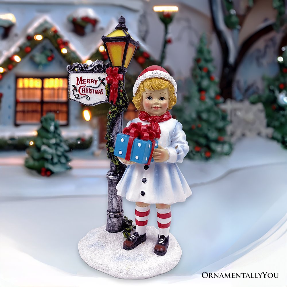 (Pre-Order) Victorian Style Christmas Girl and Street Lamp Tabletop Figurine, 8" Vintage Holiday Statue of a Gift Carrying Belle Resin Statues OrnamentallyYou 