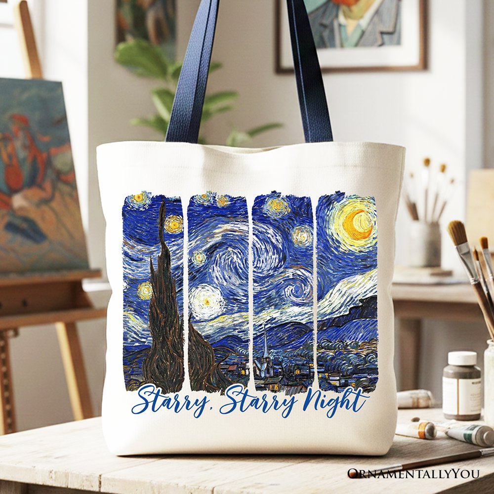 Vincent Van Gogh The Starry Night Canvas Tote Bag, Famous Painting Gift Shopper Tote Bag OrnamentallyYou Navy Handle 