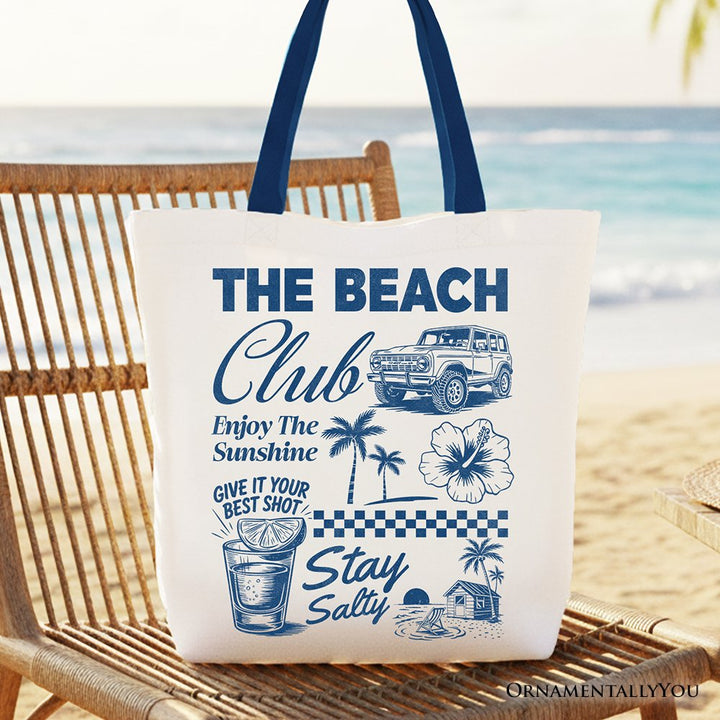Vintage Coastal Summer Vacation Tote Bag, The Beach Club Stay Salty Gift Shopper Tote Bag OrnamentallyYou Navy Handle 