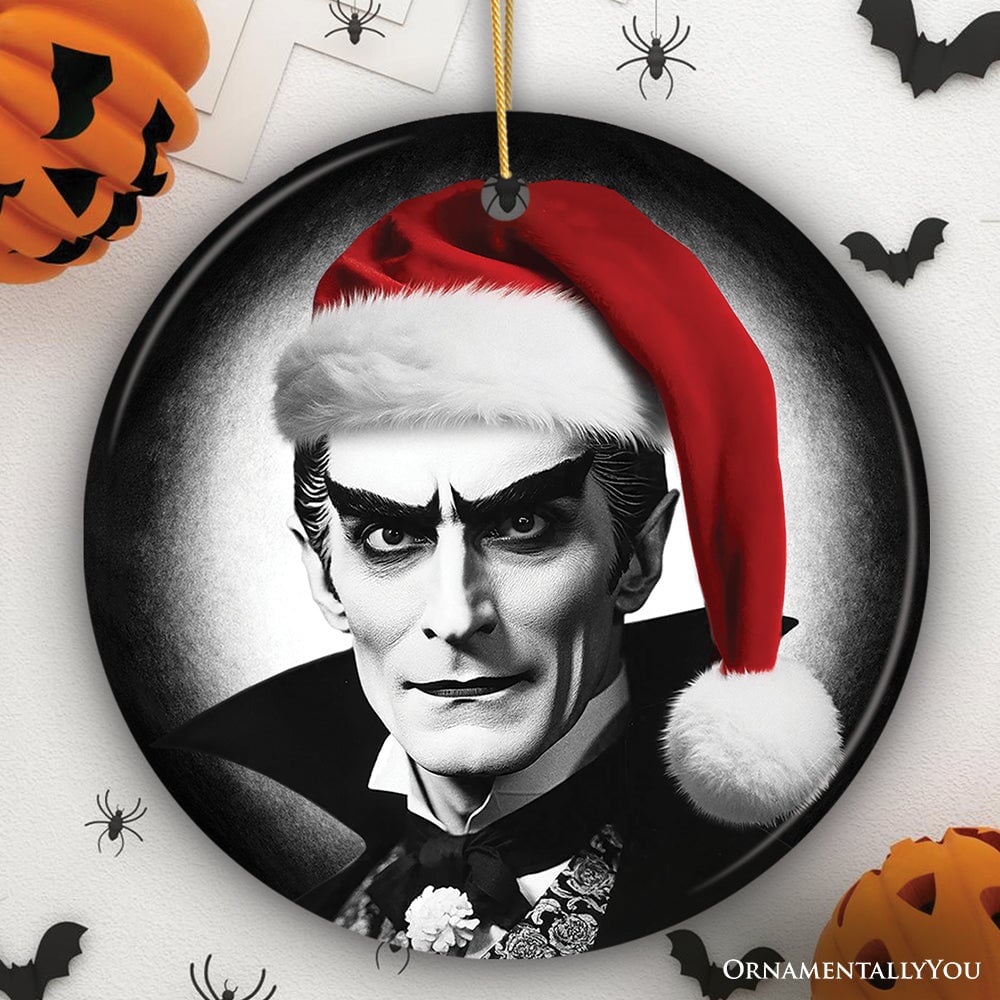 Vintage Dracula with a Santa Hat Ceramic Ornament, Horror Themed Christmas Decor for Halloween Tree Ceramic Ornament OrnamentallyYou Circle 