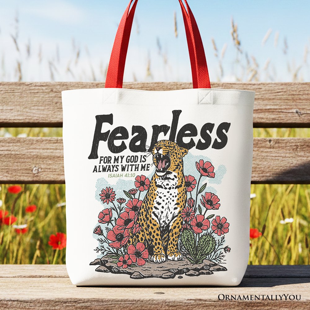 Vintage Floral Leopard Christian Canvas Tote Bag, Fearless For My God Is Always With Me Isaiah 41:10 Gift Shopper Tote Bag OrnamentallyYou Red Handle 