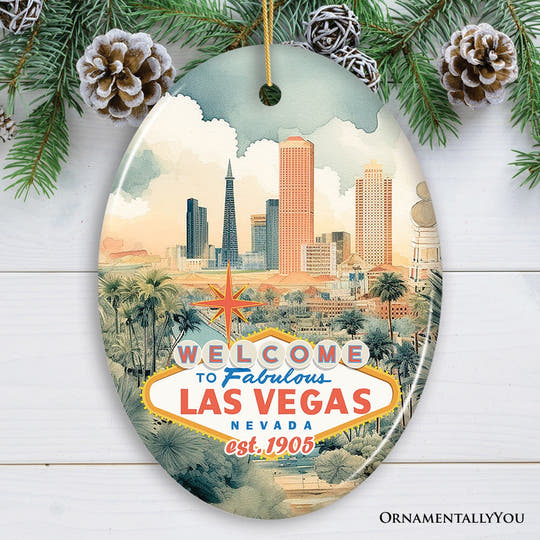 Vintage Hand Drawn Art of Las Vegas Ornament, Nevada Christmas Gift Souvenir Ceramic Ornament OrnamentallyYou 