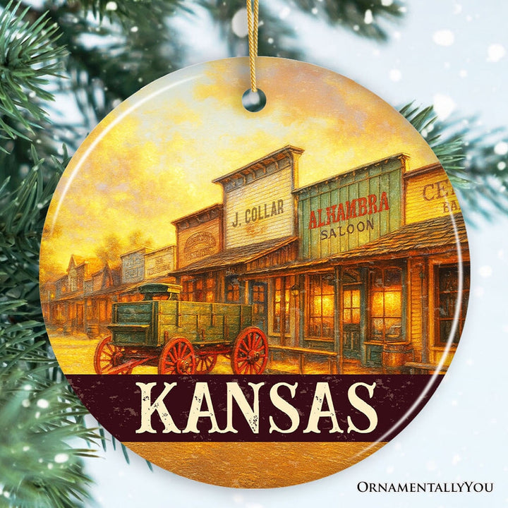 Vintage Kansas Dodge City Boot Hill Street Scene Ornament, Wild West Christmas Gift and Frontier Souvenir Ceramic Ornament OrnamentallyYou Circle 