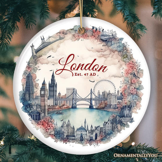 Vintage London Watercolor Style Painting Ceramic Ornament, Floral Victorian Style European Gift Ceramic Ornament OrnamentallyYou 