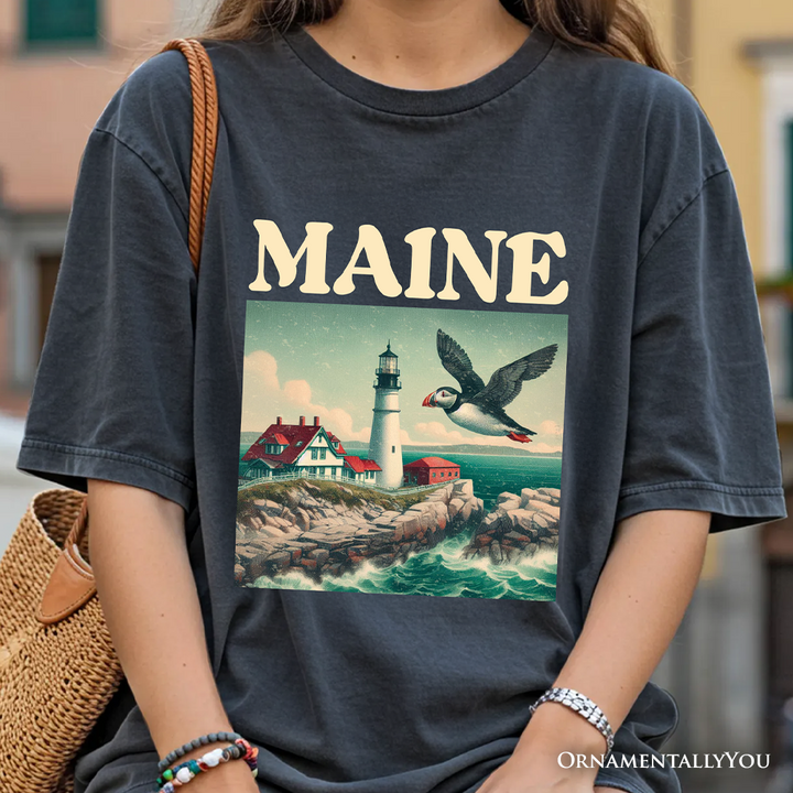 Vintage Maine State Lighthouse and Puffin T-Shirt, New England Coastal Tee and Seaside Souvenir