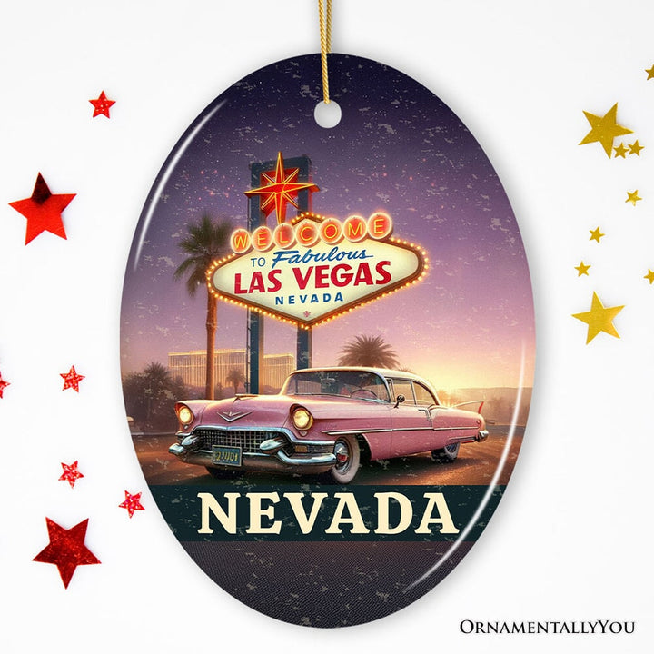 Vintage Nevada Las Vegas Sign Ornament, Retro Pink Cadillac Christmas Gift and Desert City Souvenir Ceramic Ornament OrnamentallyYou 