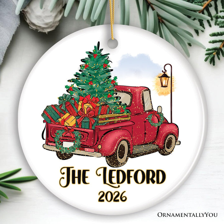 Vintage Red Truck Personalized Ornament, Christmas Keepsake Family Gift Ceramic Ornament OrnamentallyYou Circle 