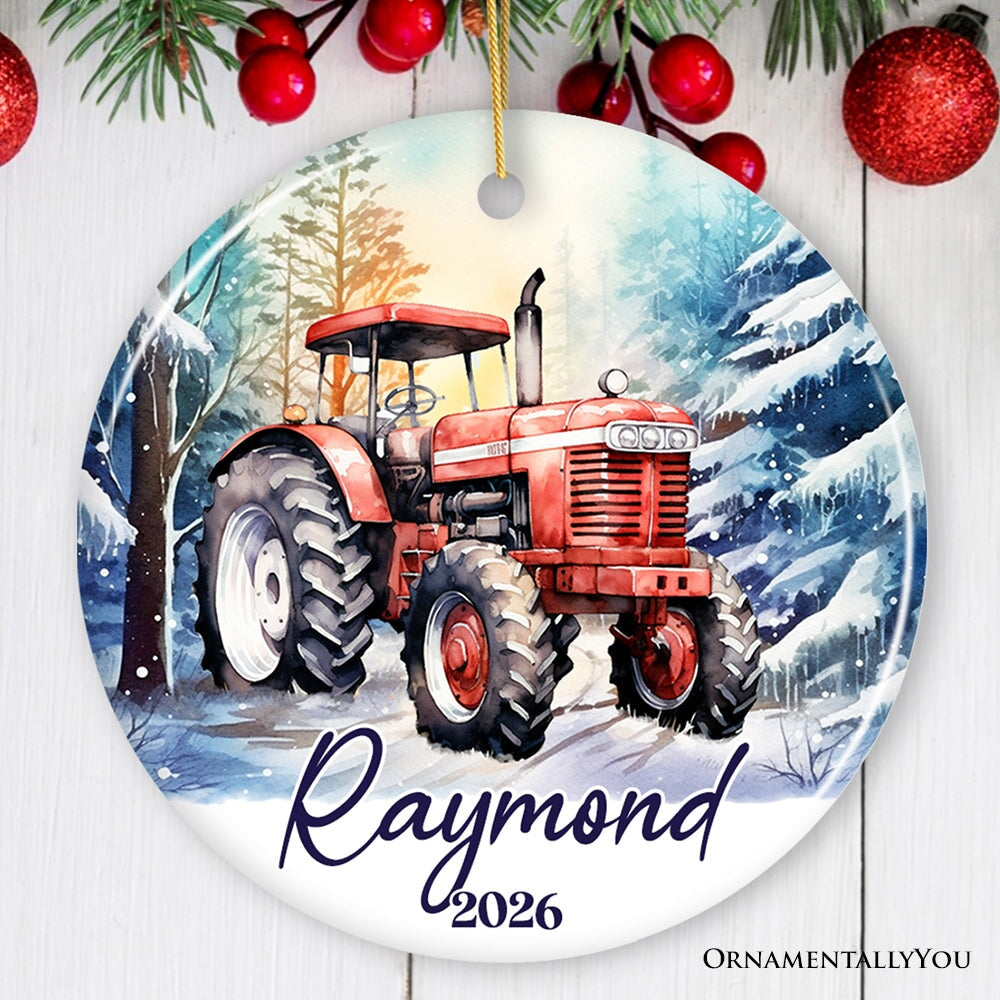 Vintage Tractor Personalized Ornament, Pristine Snowy Serenity Christmas Gift With Custom Name and Date Ceramic Ornament OrnamentallyYou Circle 
