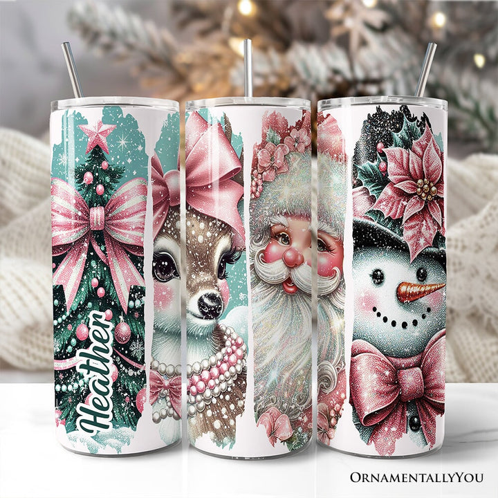 Vintage Tree, Reindeer, Santa and Snowman 20oz Personalized Tumbler With Lid and Stainless Steel Straw, Coquette Pink Christmas Gift Cup Tumbler OrnamentallyYou Customized 
