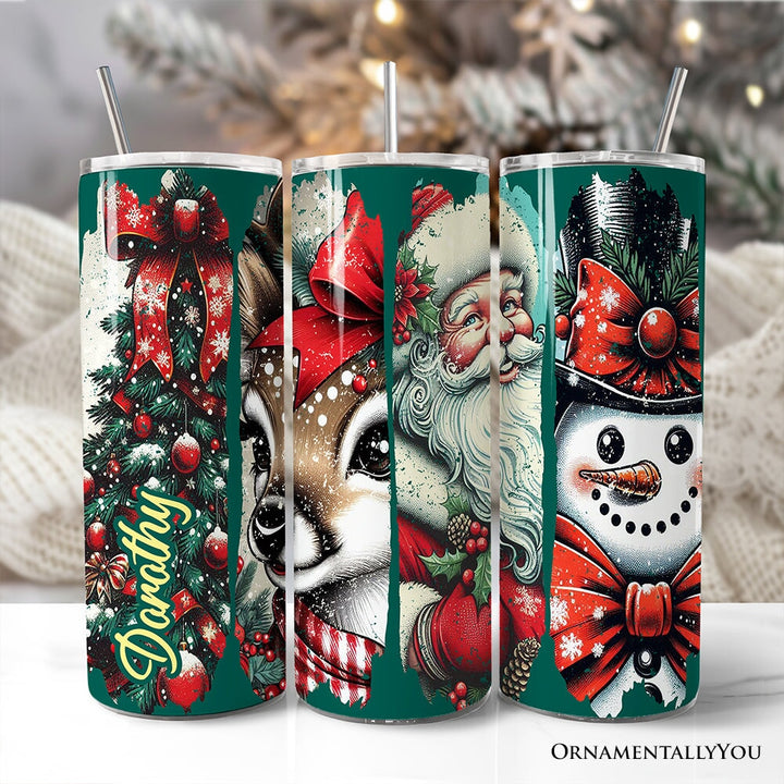 Vintage Tree, Reindeer, Santa and Snowman 20oz Personalized Tumbler With Lid and Stainless Steel Straw, Green Christmas Brushstrokes Gift Cup Tumbler OrnamentallyYou Customized 