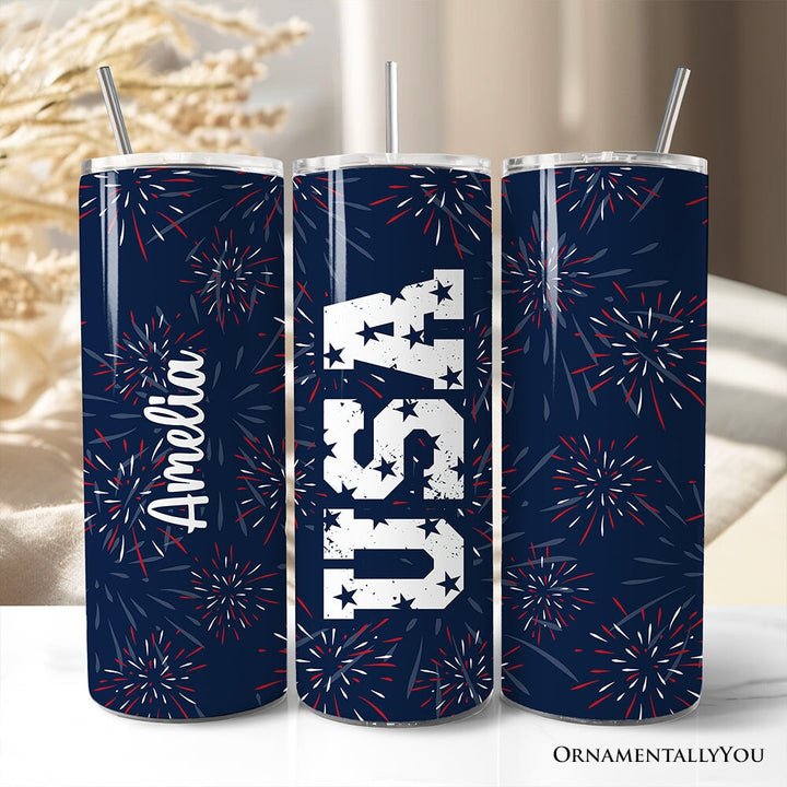 Vintage USA Block Letters 20oz Personalized Tumbler With Lid and Stainless Steel Straw, Patriotic Fireworks for Independence Day Gift Cup Tumbler OrnamentallyYou Customized 