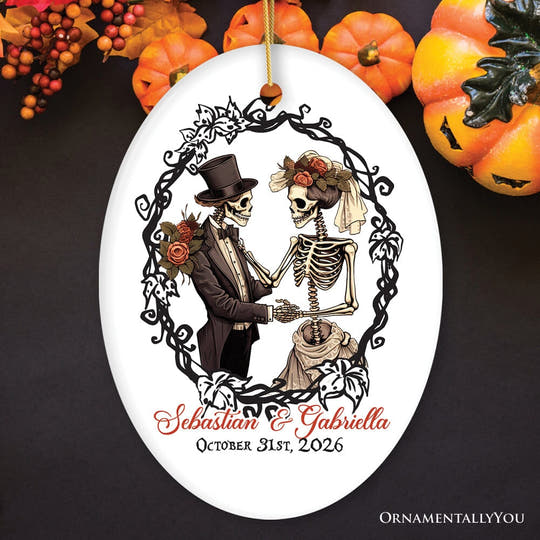 Vintage & Artistic Skeleton Wedding Custom Ornament, First Halloween Married Custom Gift Ceramic Ornament OrnamentallyYou Oval 