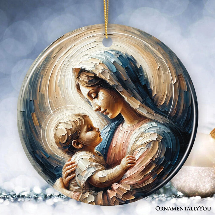 Virgin Mary and Baby Jesus Gentle Embrace Ceramic Ornament, Iconic Oil Painting Gift And Decor Ceramic Ornament OrnamentallyYou 