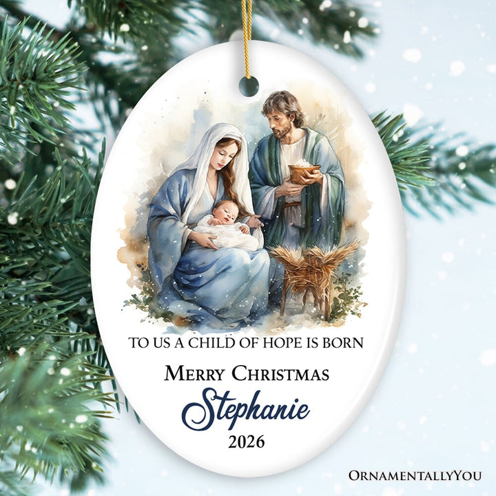 Watercolor Christmas Nativity Scene Personalized Ornament, Christian Holiday Gift Ceramic Ornament OrnamentallyYou Oval 